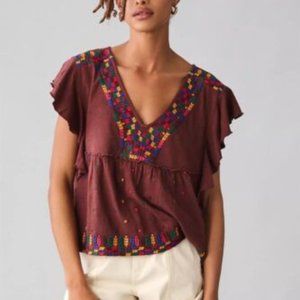 Anthropologie Embroidered Ruffle-Sleeve Peplum Blouse Top Brown Large Petite